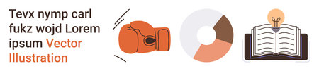 Education, brainstorming, analytics, motivation, creativity, innovation. Boxing glove, pie chart...
