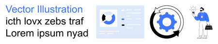 Business processes, innovation, data analysis, workflow, entrepreneurship, automation. Gear icon...