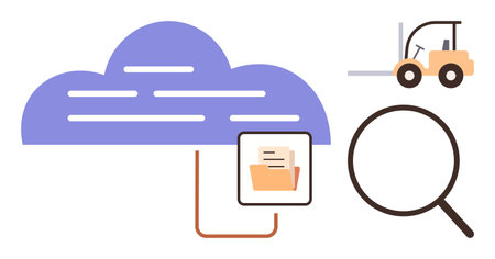 Data management, logistics, cloud computing, digital storage, file organization, search systems. Cloud with connected folder, forklift icon magnifying glass. Cloud computing and logistics conceptのイラスト素材