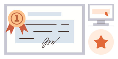 Certification, digital learning, professional achievement, online courses, accreditation, skills development. A certificate with a ribbon badge, star and PC icon. Certification and online learningのイラスト素材