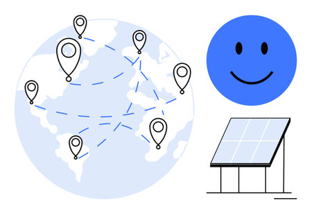 Global connectivity concept. Global map with location markers, connectivity lines, and solar panel...