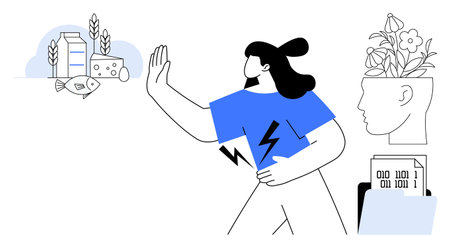 Woman avoiding allergen foods thumbs up milk, fish, and cheese, holding her stomach symbolizing...