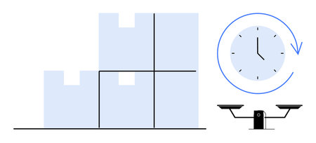 Logistics, supply chain, delivery process, efficiency, inventory management, time tracking. Stacked boxes, clock showing time balance scale. Logistics and inventory management illustratedのイラスト素材