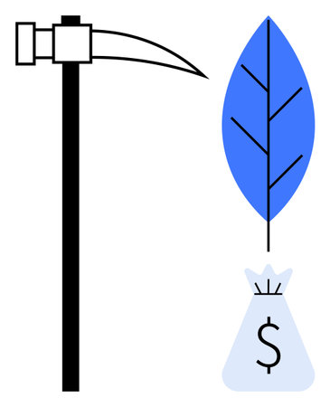 Pickaxe symbolizing labor and industry, blue leaf representing environmental sustainability, and...
