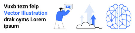 Man holding video display, upward arrows, cloud computation, neural network, brain graphic. Ideal...
