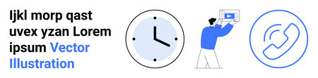 Clean design with a wall clock, person holding tablet on video call, and phone icon in blue. Ideal...