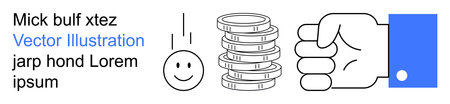 Income management, personal budgeting, financial growth, savings strategy, wealth building, economic success. Hand with coins, happy face and lines financial flow. Income management and financialのイラスト素材