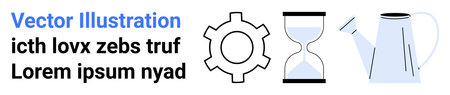Gear symbolizing process, hourglass for time flow, and watering can for growth. Ideal for workflow,...
