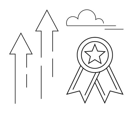 Business success, career growth, recognition, motivation, achievement, leadership. Outline of upward arrows, cloud and award badge. Achievement and career growth conceptのイラスト素材