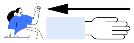 Direction concept. Arrow indicating movement, hand pointing guidance, and a woman contemplating...