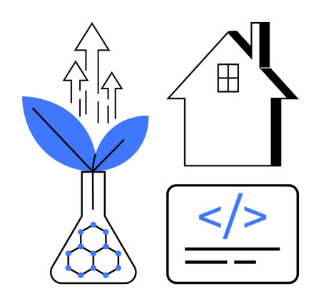 Sustainability, innovation, renewable energy, smart homes, data, science technology. A lab flask...