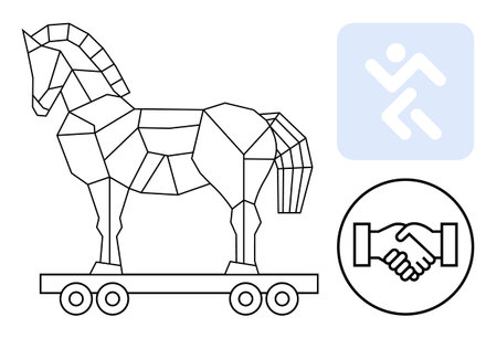 Cybersecurity concept. Trojan horse hidden threats, handshake trust, and icons emphasizing secure...