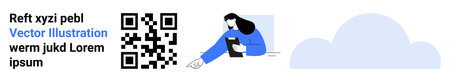 Digital marketing, technology, remote work, coding, data storage, cloud computing. QR code next to a...