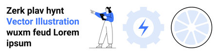 Woman holding a tablet, vibrant gear with a lightning bolt, and abstract wheel design. Ideal for...