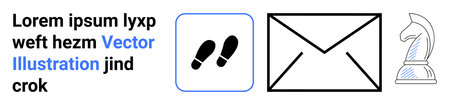 Communication, strategy, mobility, messaging, thought processes, gaming design. Footsteps icon, envelope symbol and chess knight. Messaging and strategyのイラスト素材