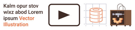 Media streaming, data storage, 3D printing, technology, innovation, automation. Play button, storage...