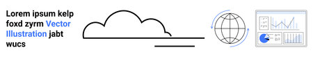 Cloud graphic with globe representing global network and analytics dashboard displaying graphs. Ideal for business, technology, analytics, cloud computing, networking, digital transformation, simpleのイラスト素材