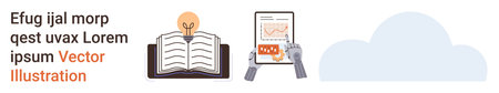 Education, innovation, cloud storage, digital learning, analytics, online tools. Open book with...