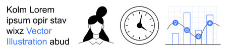 Data analysis, time management, workplace productivity, professional identity, performance tracking, business growth. Graph with icons, clock woman avatar. Data analysis and time management conceptsのイラスト素材