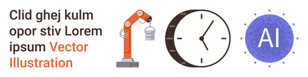 Automation, productivity optimization, industrial processes, time tracking, AI innovation, and technology concepts. Robotic arm, clock and AI symbol . Automation and productivity optimizationのイラスト素材