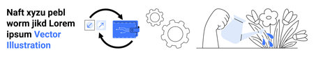 Finance, process automation, sustainability, renewable energy, environment, productivity. Credit card and recycling, gears hand watering plants. Process automation and sustainability illustrationのイラスト素材