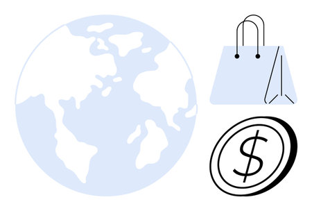 E-commerce, global trade, online shopping, digital economy, business transactions, retail industry. Globe, shopping bag dollar coin. E-commerce and global trade conceptsのイラスト素材