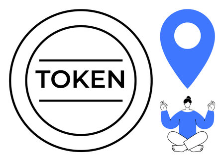 Blockchain, digital identity, localization, meditation, token-based economy, digital mindfulness. Circular token shape with text, location pin and meditating figure. Blockchain and digital identityのイラスト素材