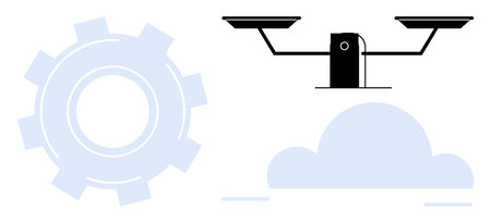 Digital technology, justice systems, cloud computing, balance, automation, equality. A scale over a cloud and a gear icon. Technology and justice systems as conceptualのイラスト素材