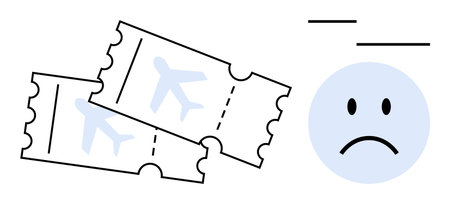 Cancelled travel. Plane tickets and a sad face cancelled travel plans, trip disruption, and booking...