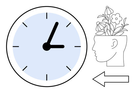 Analog clock alongside a human head outline with blooming flowers, symbolizing growth and...