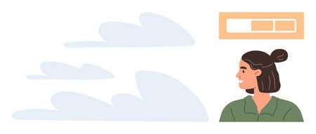 Digital progress, cloud technology, user interface, online interaction, future innovation, data management. A woman looks to the side with a progress bar and cloud icons. Digital progress and cloudのイラスト素材