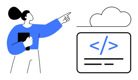 Cloud technology, programming education, web development, coding tutorials, technology learning, teamwork. Woman pointing at cloud icon with code symbol and tablet. Cloud technology and programmingのイラスト素材