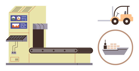 Logistics, transportation, cargo shipping, supply chain, manufacturing, infrastructure. Conveyor belt with control system, forklift and cargo ship at dock. Logistics and transportation conceptのイラスト素材