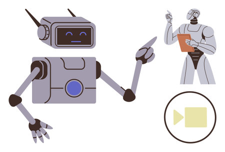 Artificial intelligence, robotics, virtual communication, futuristic technology, education, programming. Friendly robot pointing, humanoid robot holding clipboard video icon. Artificial intelligenceのイラスト素材