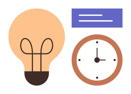 Creativity, productivity, time, innovation, brainstorming, efficiency. A simple lightbulb, clock and blue text box arranged together. Creativity and productivity expressed visuallyのイラスト素材