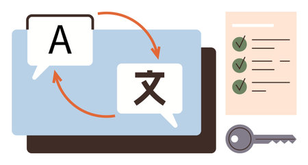 Language learning, communication tools, global networking, document translation, security features, multilingual support. Speech bubbles with arrows, checklist and key. Language learningのイラスト素材