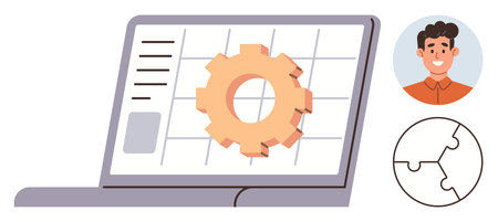 Business solutions, innovation, process management, workflow optimization, project planning, professional tools. A laptop showcases a gear with profile and puzzle graphics. Business solutionsのイラスト素材