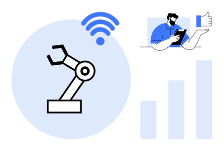 Technology trends, manufacturing, wireless automation, data analytics, robotics, remote work concept. Robotic arm with wireless symbol, man with tablet bar chart. Technology trends and manufacturingのイラスト素材