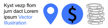 Financial planning, money transactions, economic growth, online payments, saving strategies, location-based services. Blue pin, dollar sign and coins. Financial planning and money transactionsのイラスト素材