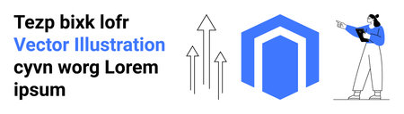 Abstract hexagonal shape and ascending arrows reflect innovation, while a person observes results. Ideal for strategy, entrepreneurship, progress, marketing, data analysis, technology, simple landingのイラスト素材
