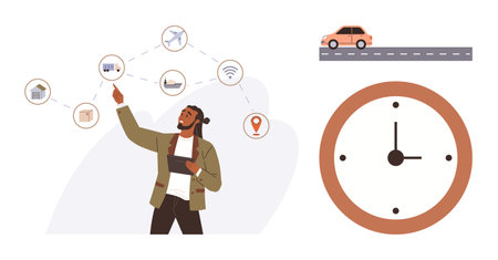 Time management, smart technology, connectivity, digital planning, productivity, transportation. A person using a tablet alongside network icons. Time management and connectivity themed conceptのイラスト素材