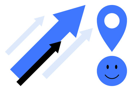 Growth concept. Growth ed by upward arrows for success and progress. Growth alongside a location pin...