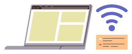 Digital work, web browsing, online learning, connectivity, internet access, information sharing. Open laptop browser, wireless icon and document. Digital work and web browsing conceptsのイラスト素材