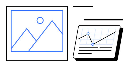 Framed landscape with graph and line chart analysis, blending creativity and analytics. Ideal for...