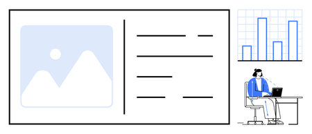 Data analysis concept. Analytics with graphs, charts, and professional working on a laptop. Data...