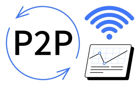 Peer-to-peer concept featuring a P2P label with circular arrows, wireless signal symbol, and a data...