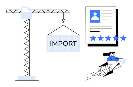 Cargo crane lifting an import container, five-star rated resume, and person riding a rocket. Ideal for logistics, recruitment, career growth, imports, global business, hiring innovation themesのイラスト素材