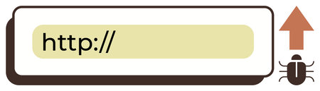 Cybersecurity, malware protection, online threat detection, internet safety, software vulnerabilities, hacker prevention. Address bar with bug symbol and upward arrow. Cybersecurity and malwareのイラスト素材