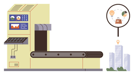 Automation, analytics, data processing, manufacturing, industry 4.0, smart city concepts. A conveyor belt with control panel and magnifier displaying analytical icons. Automation and analytics keyのイラスト素材