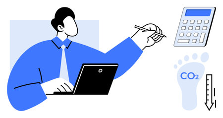 Carbon footprint analysis, climate change, sustainability, environmental management, ecological impact, data tracking. Person at a laptop with calculator, CO2 footprint thermometer. Carbon footprintのイラスト素材